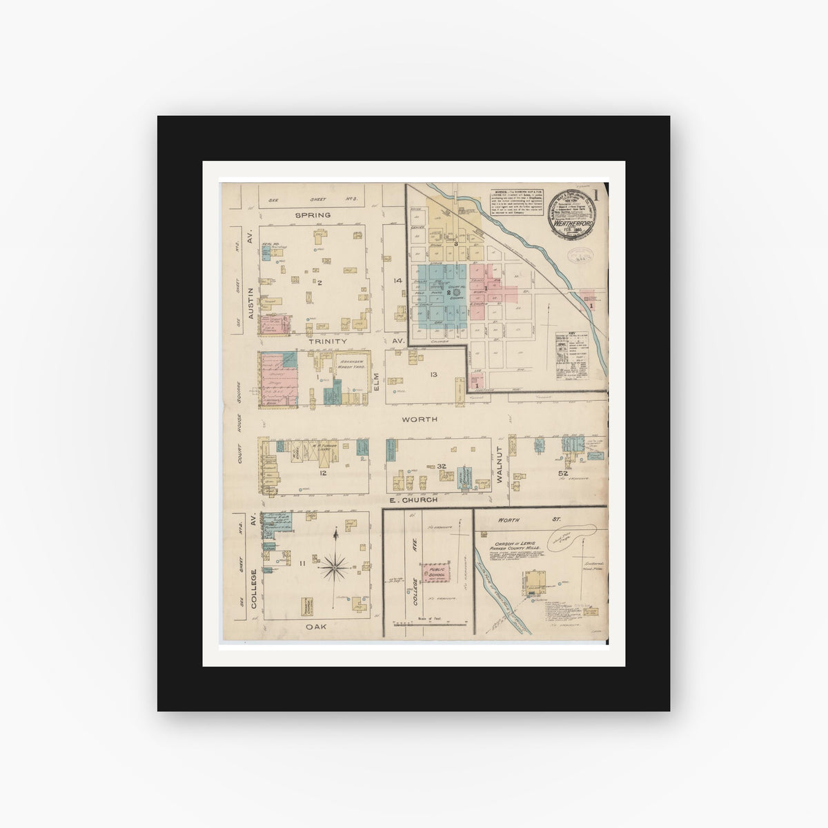 Old map wall art mockup — black gallery frame with white mat — Sanborn Fire Insurance Map from Weatherford, Parker County, Texas (1885) - Complete Map Set