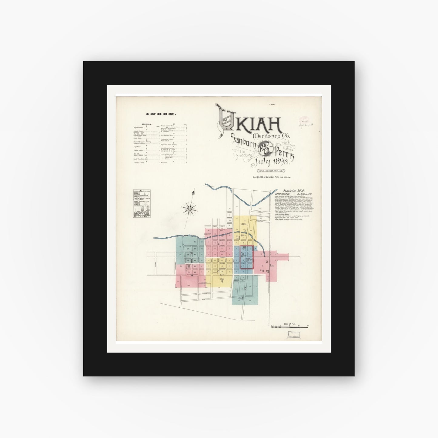 Old map wall art mockup — black gallery frame with white mat — Sanborn Fire Insurance Map from Ukiah, Mendocino County, California (1893) - Complete Map Set