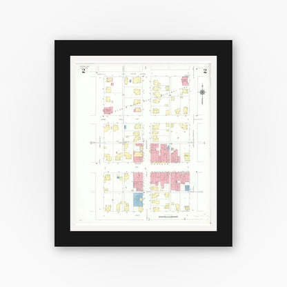 Old map wall art mockup — black gallery frame with white mat — Sanborn Fire Insurance Map from Ladoga, Montgomery County, Indiana (1942), Sheet #0002