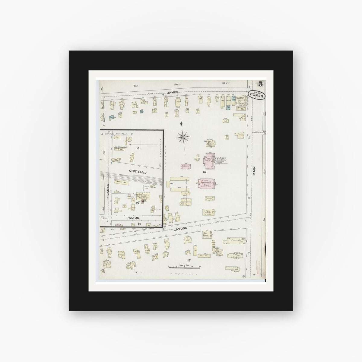 Old map wall art mockup — black gallery frame with white mat — Sanborn Fire Insurance Map from Homer, Cortland County, New York (1887), Sheet #0005