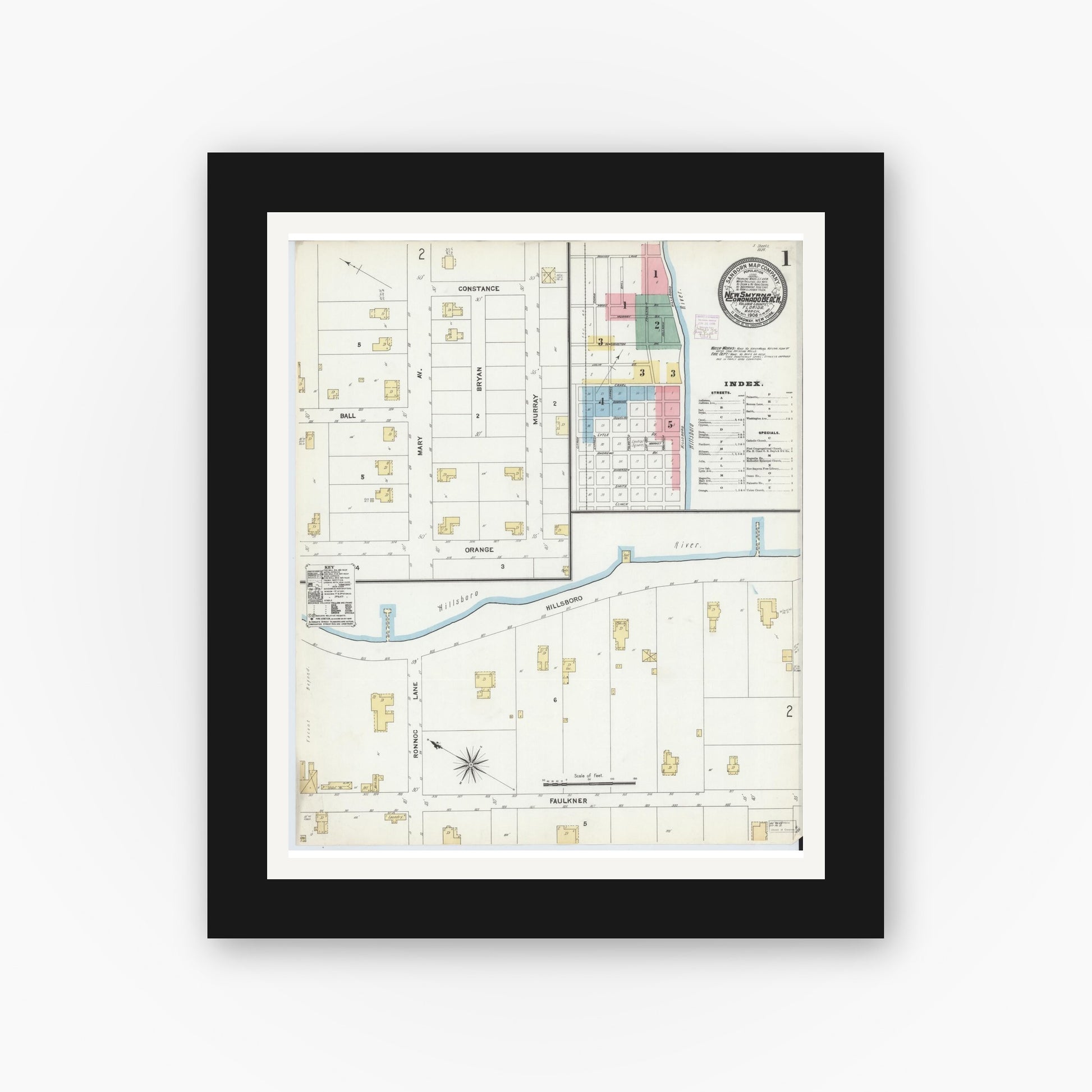Old map wall art mockup — black gallery frame with white mat — Sanborn Fire Insurance Map from New Smyrna, Valusia County, Florida (1906), Sheet #0001