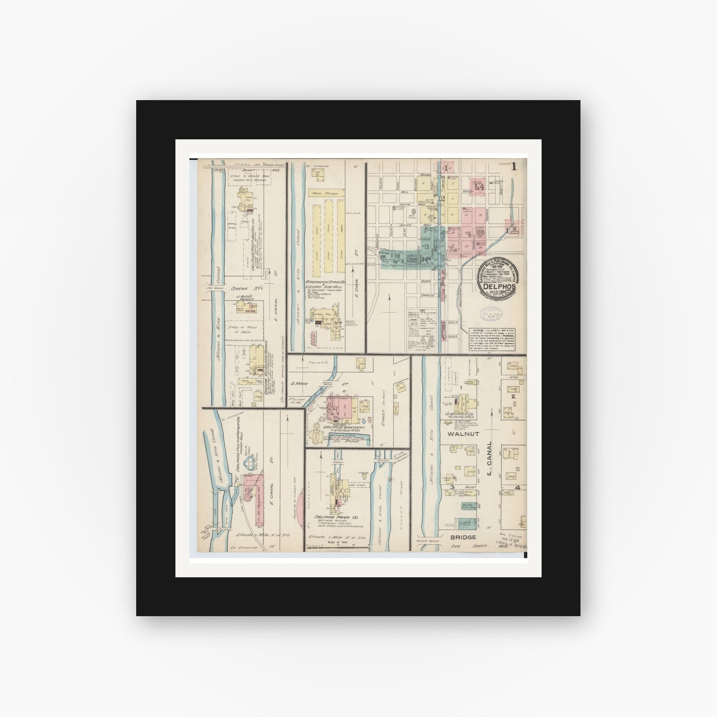 Old map wall art mockup — black gallery frame with white mat — Sanborn Fire Insurance Map from Delphos, Van Wert And Allen Counties, Ohio (1884), Sheet #0001