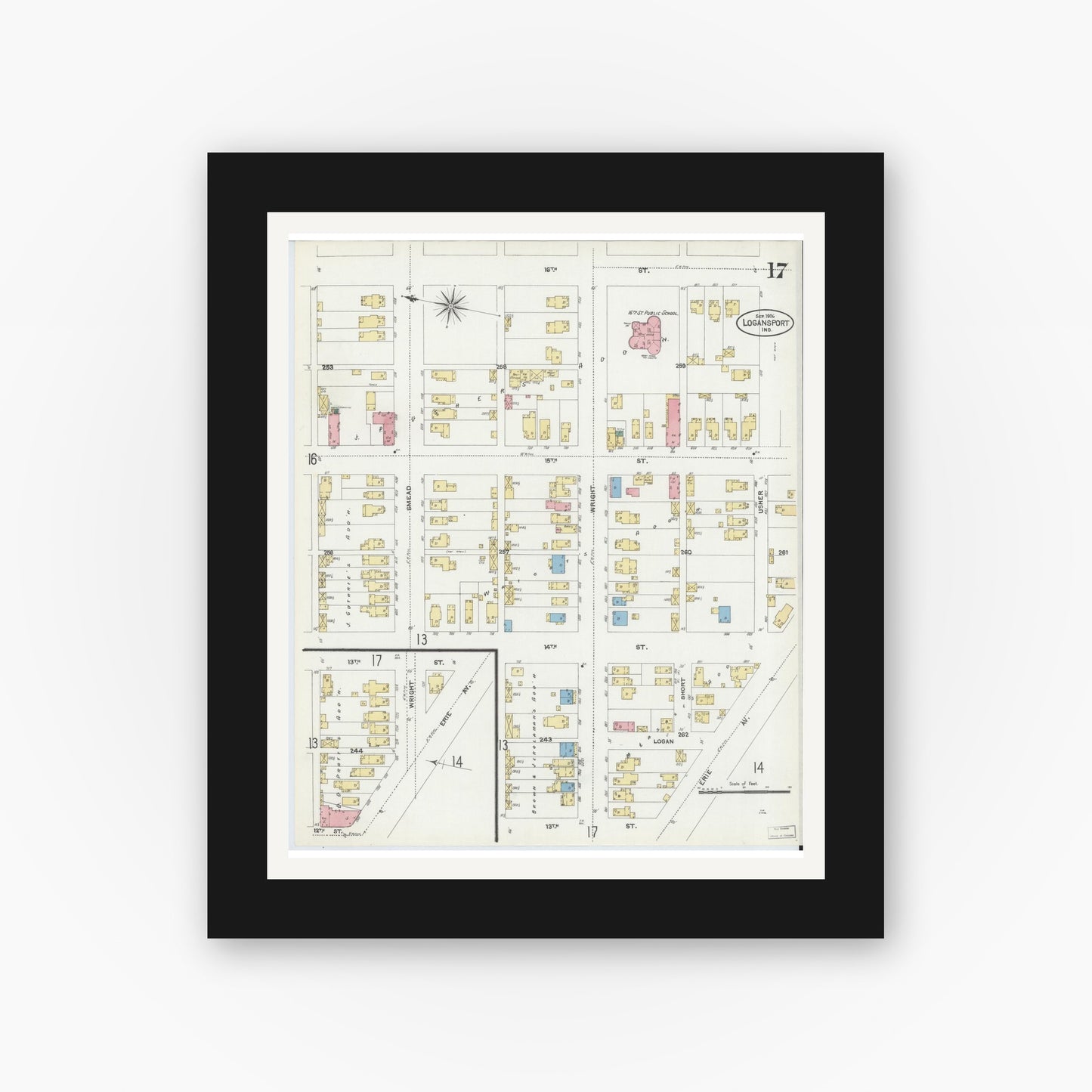 Old map wall art mockup — black gallery frame with white mat — Sanborn Fire Insurance Map from Logansport, Cass County, Indiana (1906), Sheet #0017
