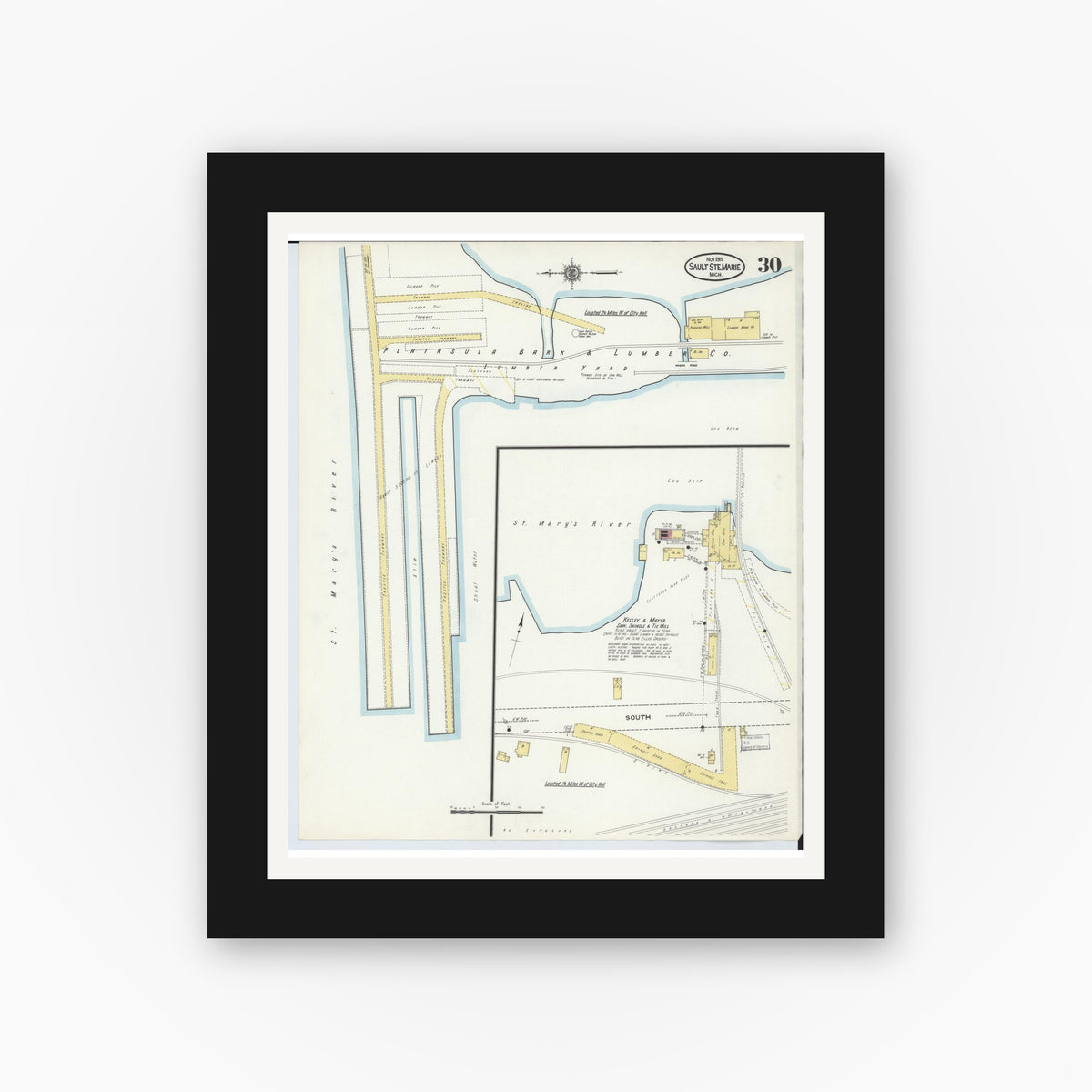 Old map wall art mockup — black gallery frame with white mat — Sanborn Fire Insurance Map from Sault Sainte Marie, Chippewa County, Michigan (1915), Sheet #0030