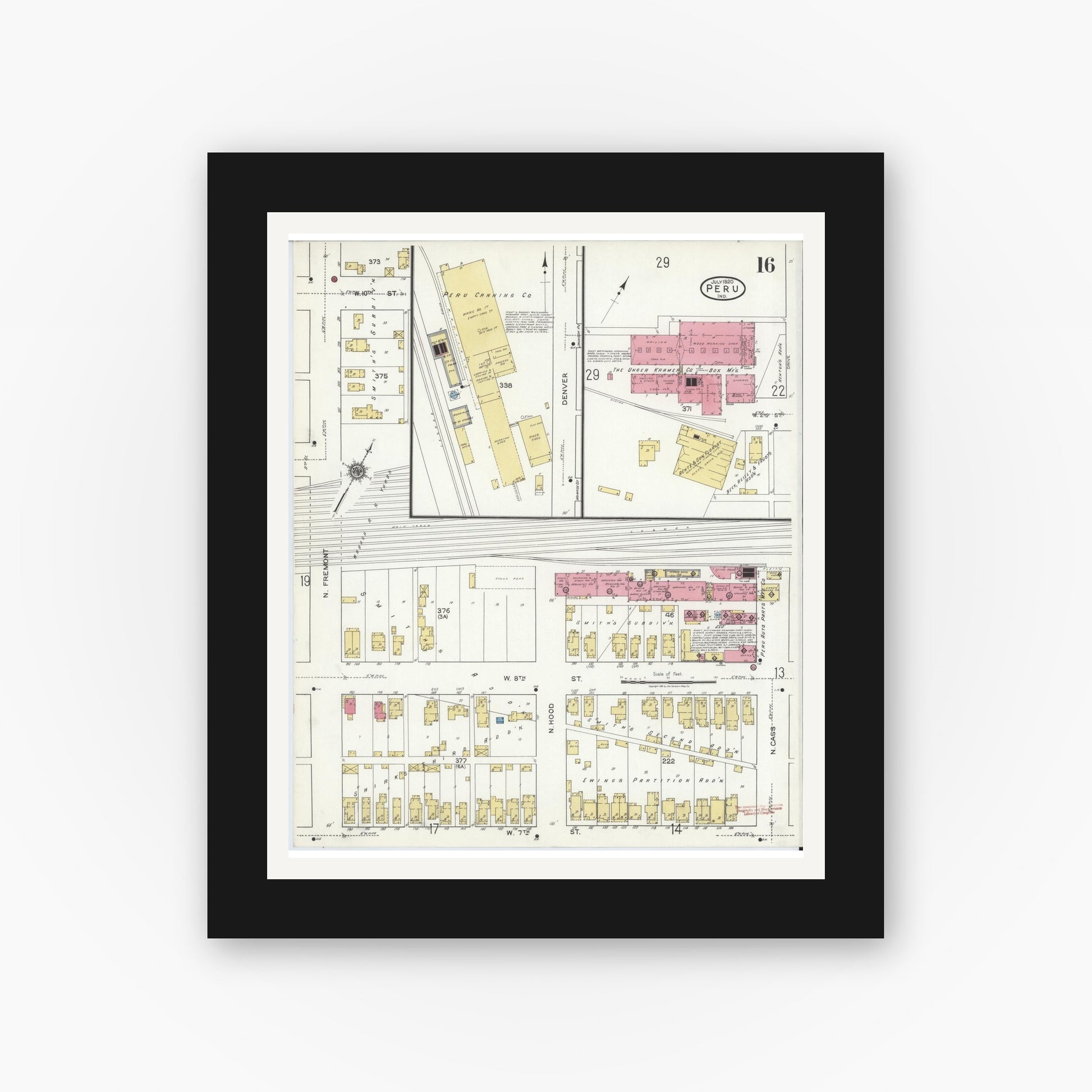 Old map wall art mockup — black gallery frame with white mat — Sanborn Fire Insurance Map from Peru, Miami County, Indiana (1920), Sheet #0016