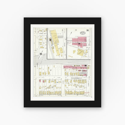Old map wall art mockup — black gallery frame with white mat — Sanborn Fire Insurance Map from Peru, Miami County, Indiana (1920), Sheet #0016