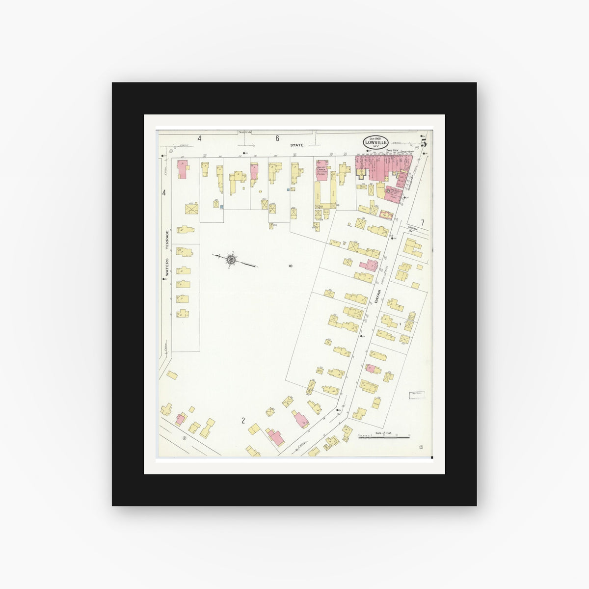 Old map wall art mockup — black gallery frame with white mat — Sanborn Fire Insurance Map from Lowville, Lewis County, New York (1909), Sheet #0005