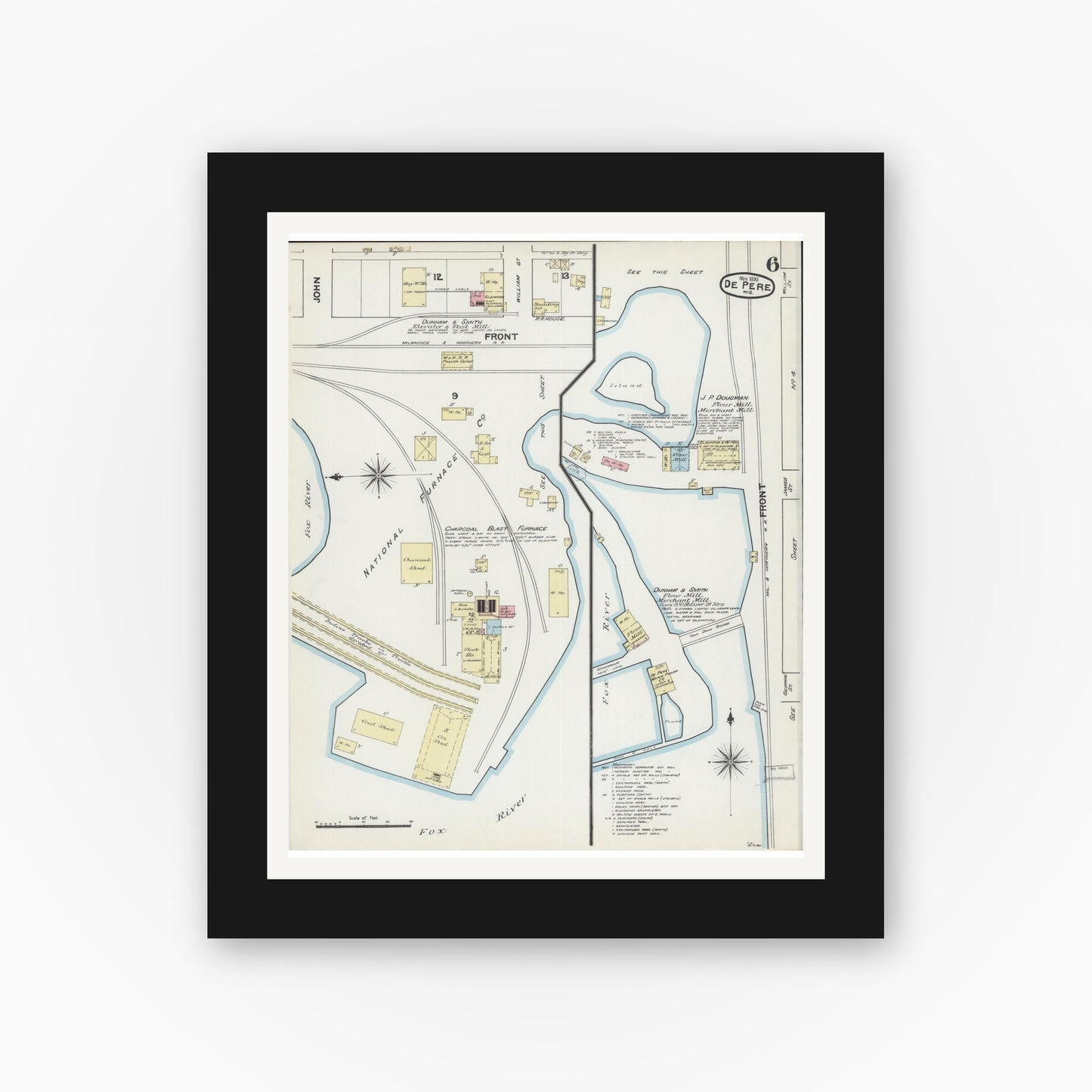 Old map wall art mockup — black gallery frame with white mat — Sanborn Fire Insurance Map from De Pere, Brown County, Wisconsin (1890), Sheet #0006
