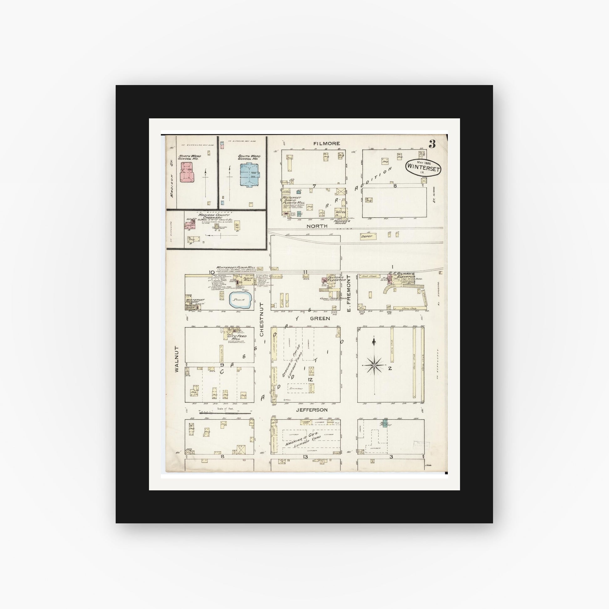 Old map wall art mockup — black gallery frame with white mat — Sanborn Fire Insurance Map from Winterset, Madison County, Iowa (1886), Sheet #0003