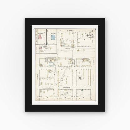 Old map wall art mockup — black gallery frame with white mat — Sanborn Fire Insurance Map from Winterset, Madison County, Iowa (1886), Sheet #0003
