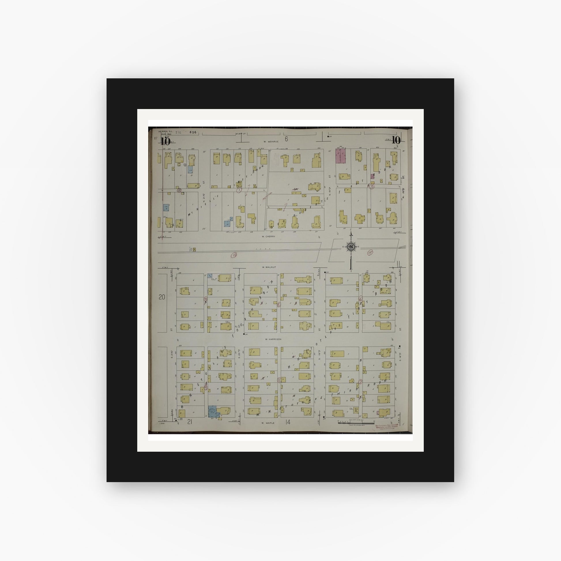 Old map wall art mockup — black gallery frame with white mat — Sanborn Fire Insurance Map from Herrin, Williamson County, Illinois (1947), Sheet #0010