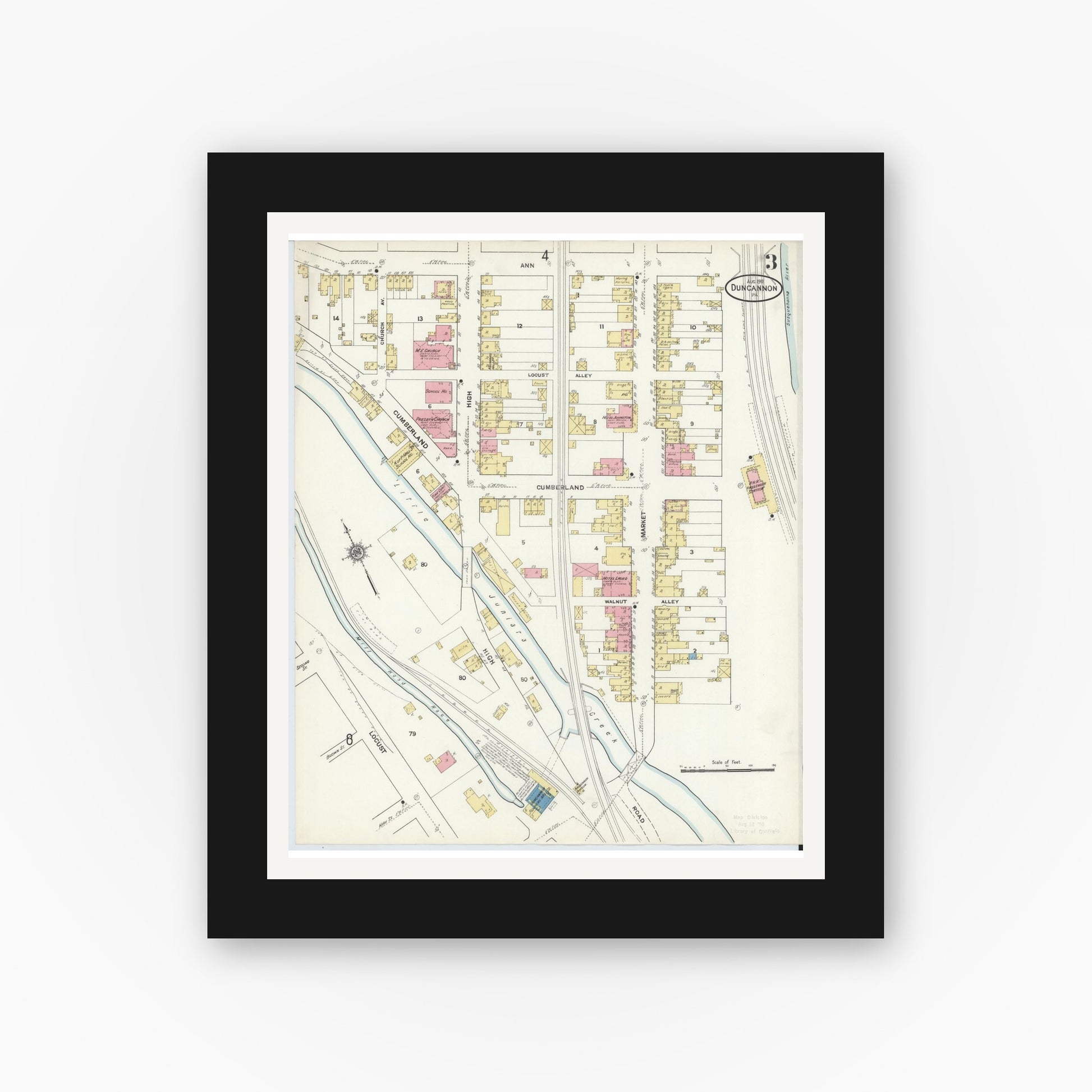 Old map wall art mockup — black gallery frame with white mat — Sanborn Fire Insurance Map from Duncannon, Perry County, Pennsylvania (1911), Sheet #0003