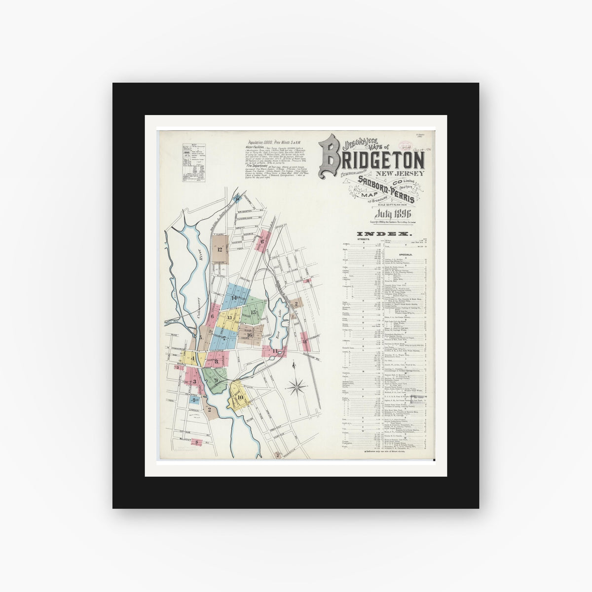 Old map wall art mockup — black gallery frame with white mat — Sanborn Fire Insurance Map from Bridgeton, Cumberland County, New Jersey (1896) - Complete Map Set