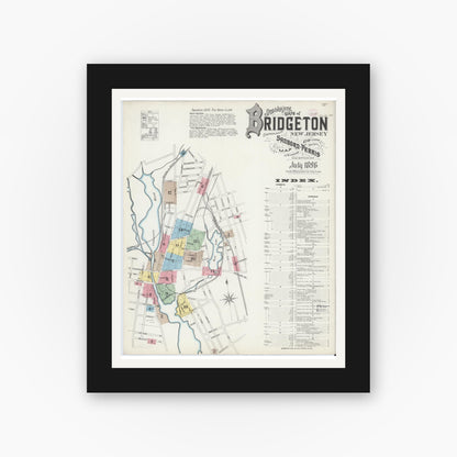 Old map wall art mockup — black gallery frame with white mat — Sanborn Fire Insurance Map from Bridgeton, Cumberland County, New Jersey (1896) - Complete Map Set