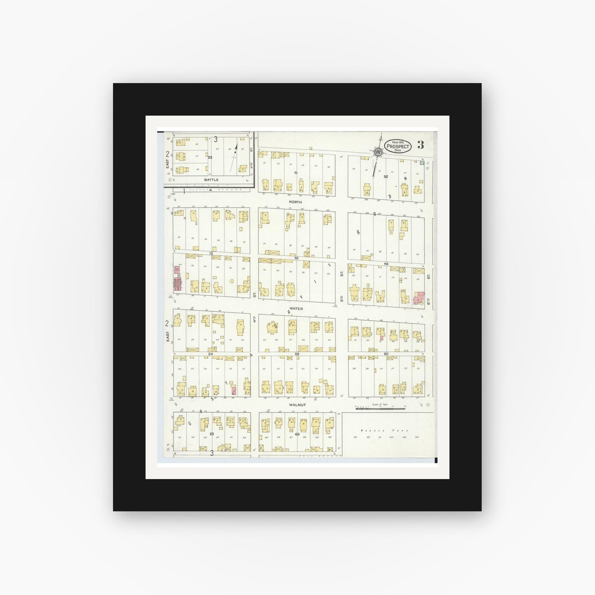 Old map wall art mockup — black gallery frame with white mat — Sanborn Fire Insurance Map from Prospect, Marion County, Ohio (1916), Sheet #0003