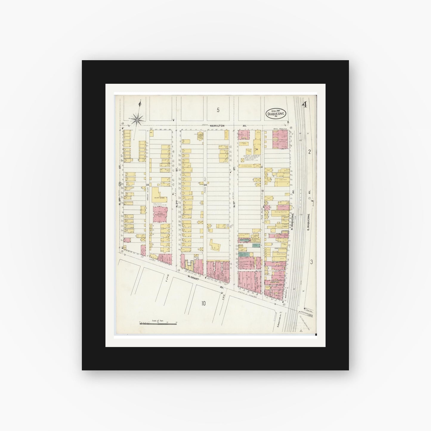 Old map wall art mockup — black gallery frame with white mat — Sanborn Fire Insurance Map from Duquesne, Allegheny County, Pennsylvania (1907), Sheet #0004