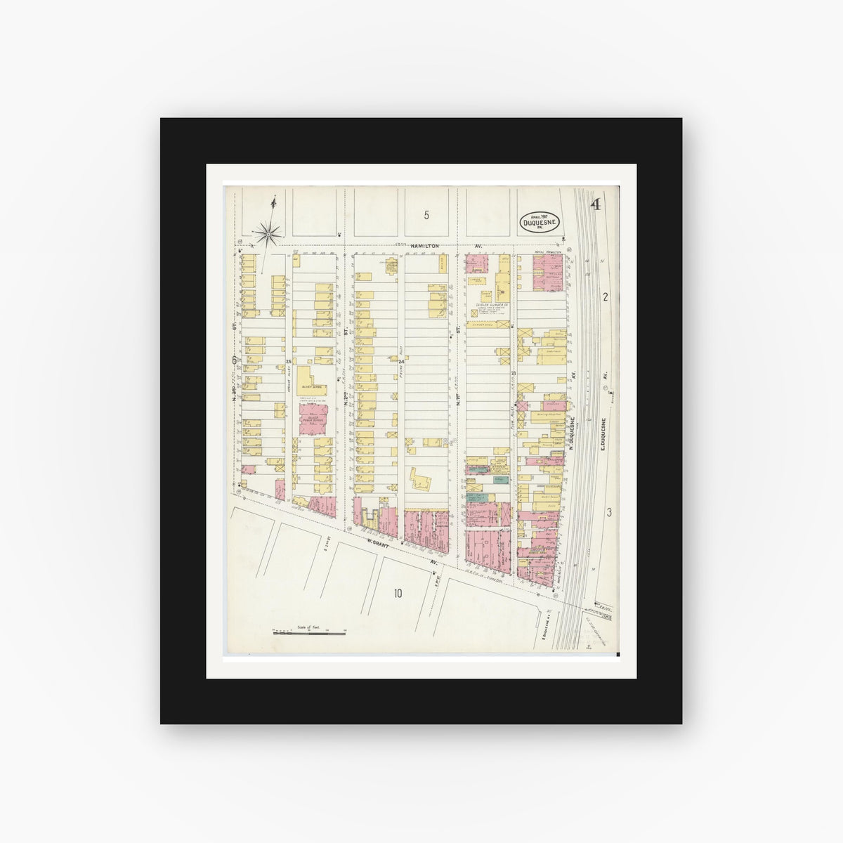 Old map wall art mockup — black gallery frame with white mat — Sanborn Fire Insurance Map from Duquesne, Allegheny County, Pennsylvania (1907), Sheet #0004