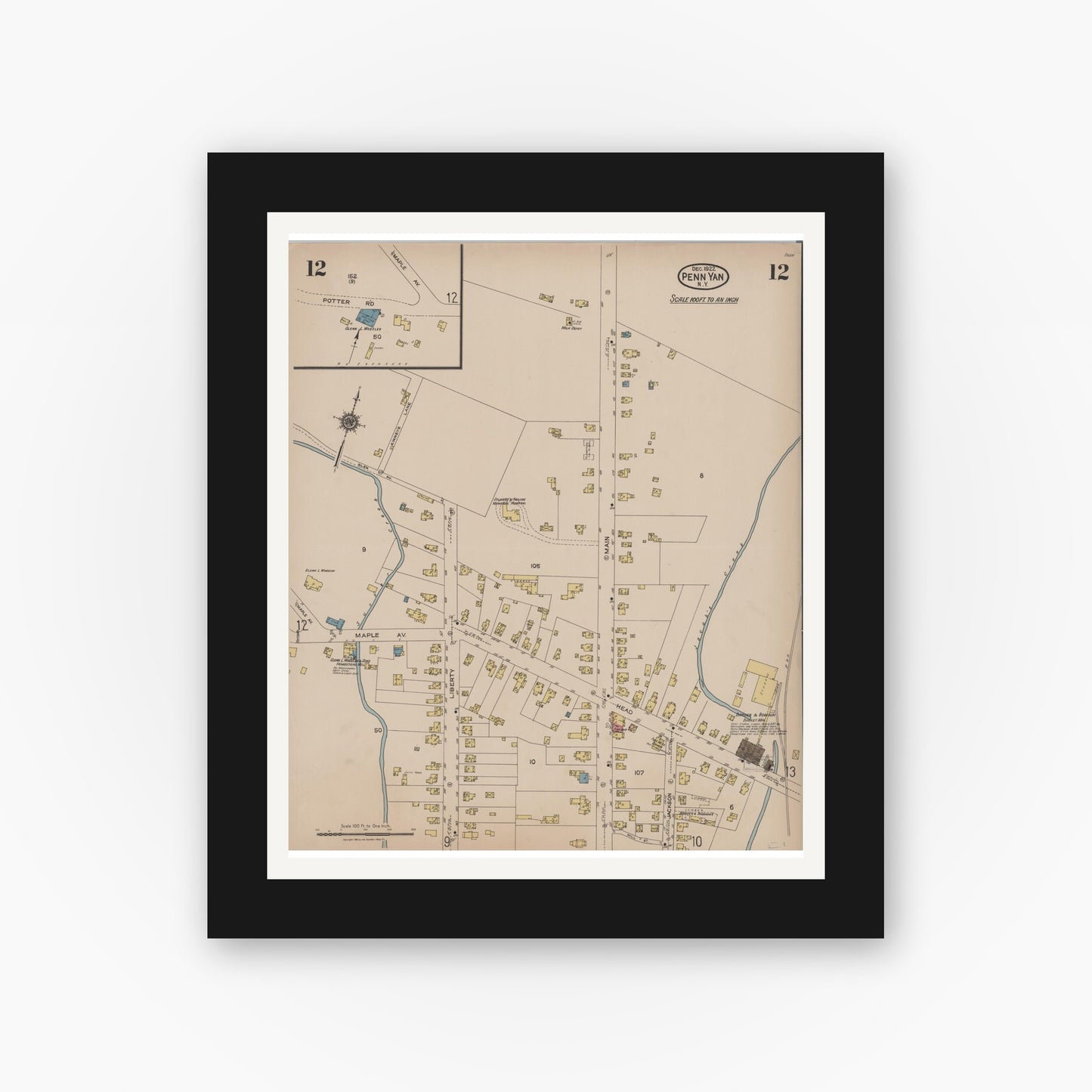 Old map wall art mockup — black gallery frame with white mat — Sanborn Fire Insurance Map from Penn Yan, Yates County, New York (1922), Sheet #0012