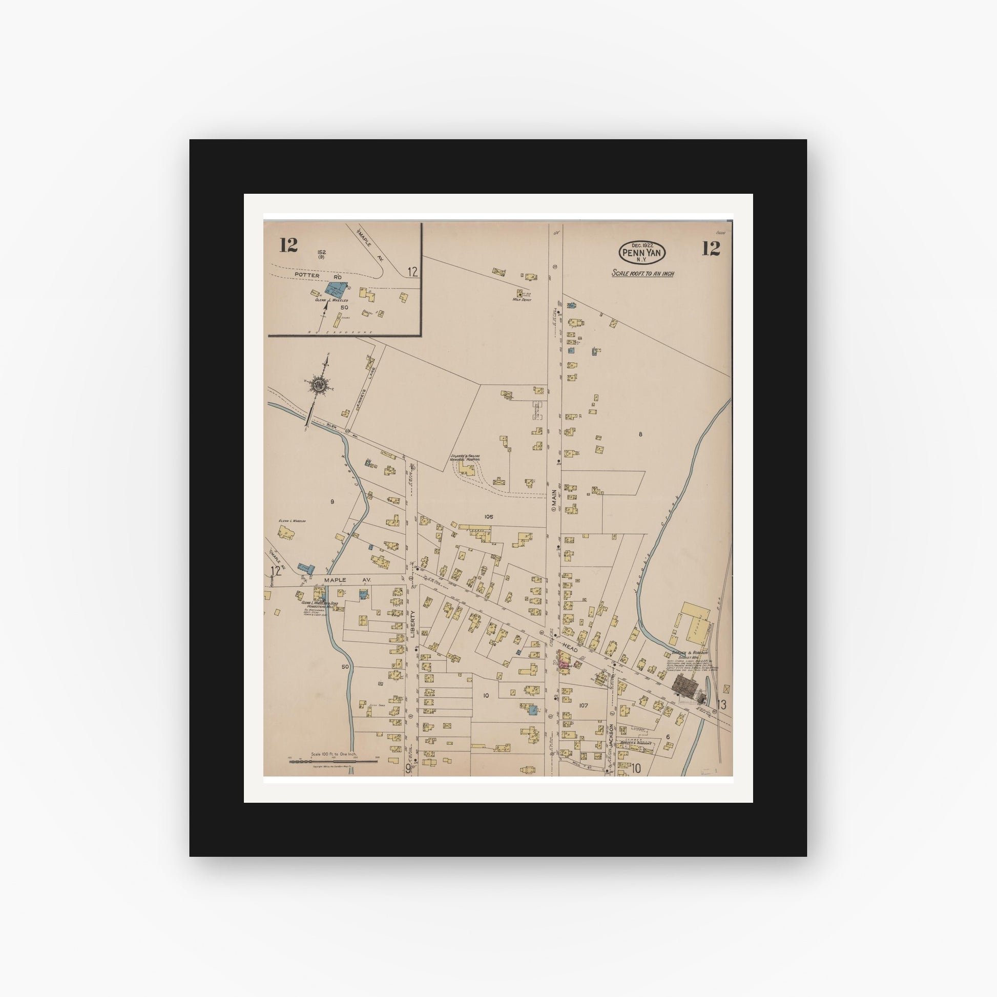 Old map wall art mockup — black gallery frame with white mat — Sanborn Fire Insurance Map from Penn Yan, Yates County, New York (1922), Sheet #0012