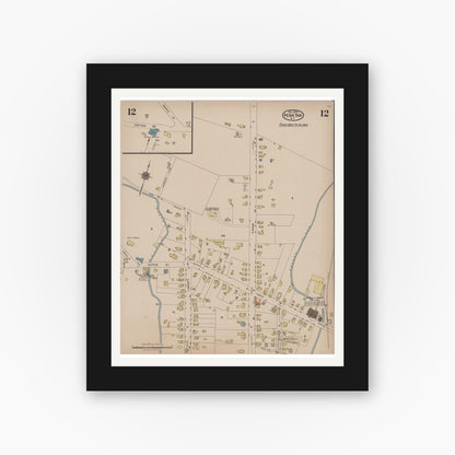 Old map wall art mockup — black gallery frame with white mat — Sanborn Fire Insurance Map from Penn Yan, Yates County, New York (1922), Sheet #0012