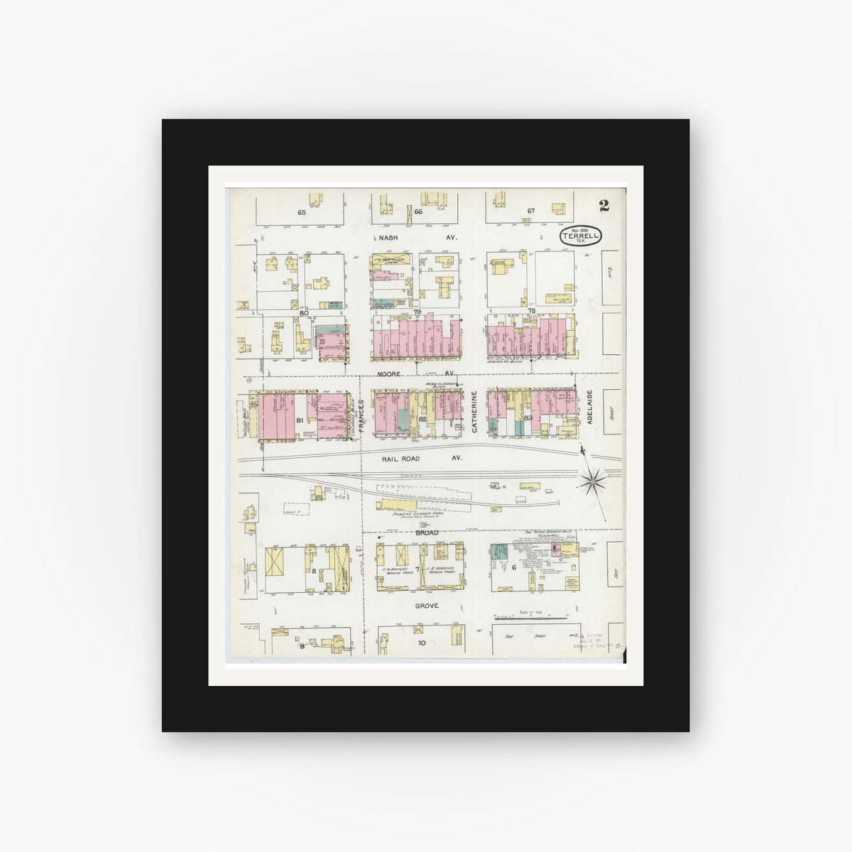 Old map wall art mockup — black gallery frame with white mat — Sanborn Fire Insurance Map from Terrell, Kaufman County, Texas (1892), Sheet #0002