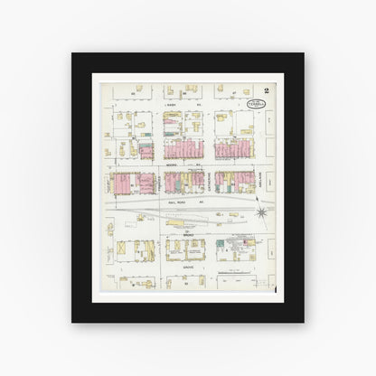 Old map wall art mockup — black gallery frame with white mat — Sanborn Fire Insurance Map from Terrell, Kaufman County, Texas (1892), Sheet #0002