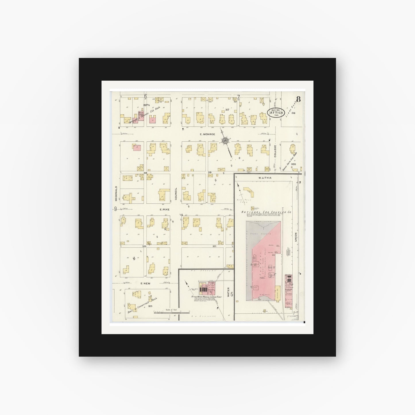 Old map wall art mockup — black gallery frame with white mat — Sanborn Fire Insurance Map from Attica, Fountain County, Indiana (1910), Sheet #0008