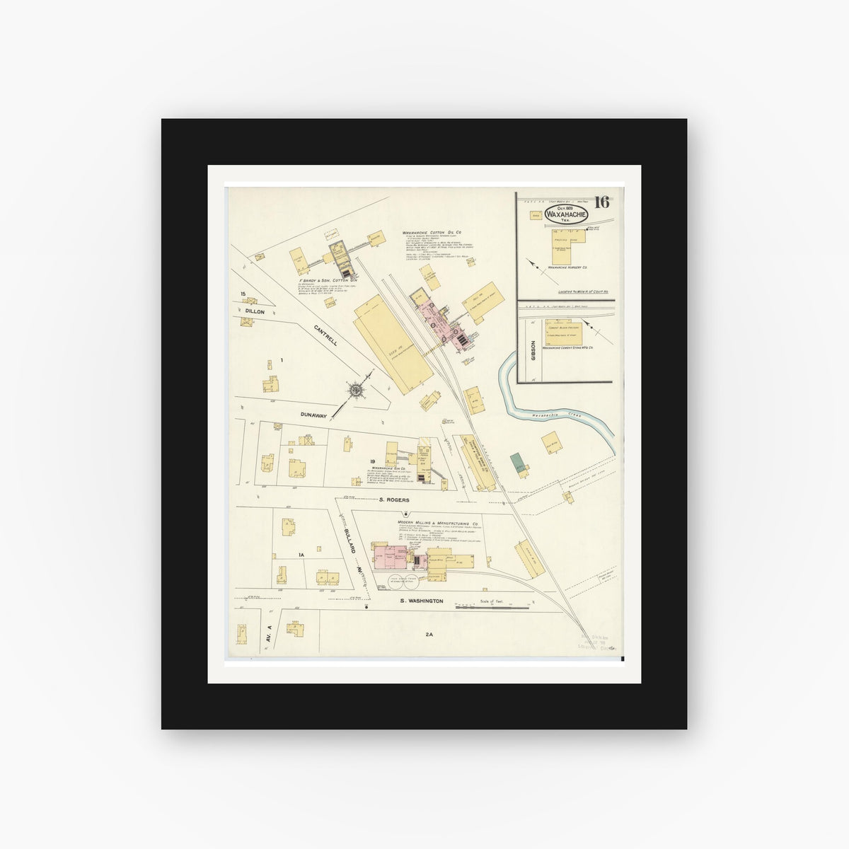 Old map wall art mockup — black gallery frame with white mat — Sanborn Fire Insurance Map from Waxahachie, Ellis County, Texas (1909), Sheet #0016
