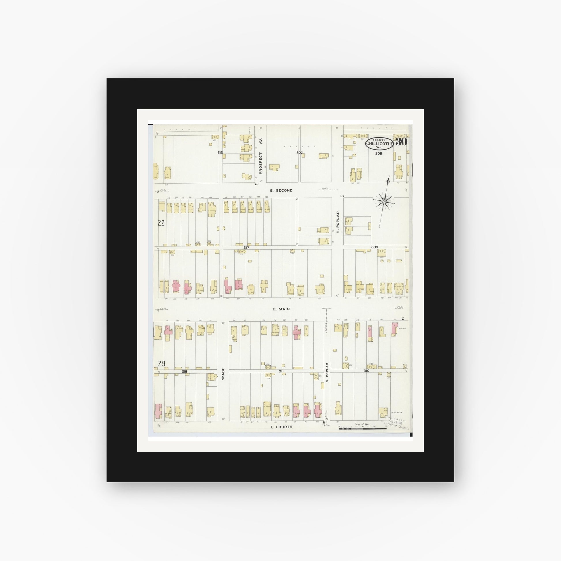 Old map wall art mockup — black gallery frame with white mat — Sanborn Fire Insurance Map from Chillicothe, Ross County, Ohio (1909), Sheet #0030