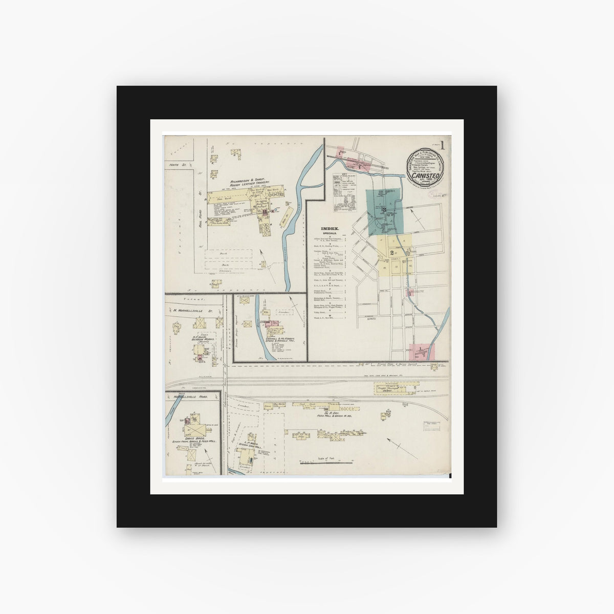Old map wall art mockup — black gallery frame with white mat — Sanborn Fire Insurance Map from Canisteo, Steuben County, New York (1886) - Complete Map Set