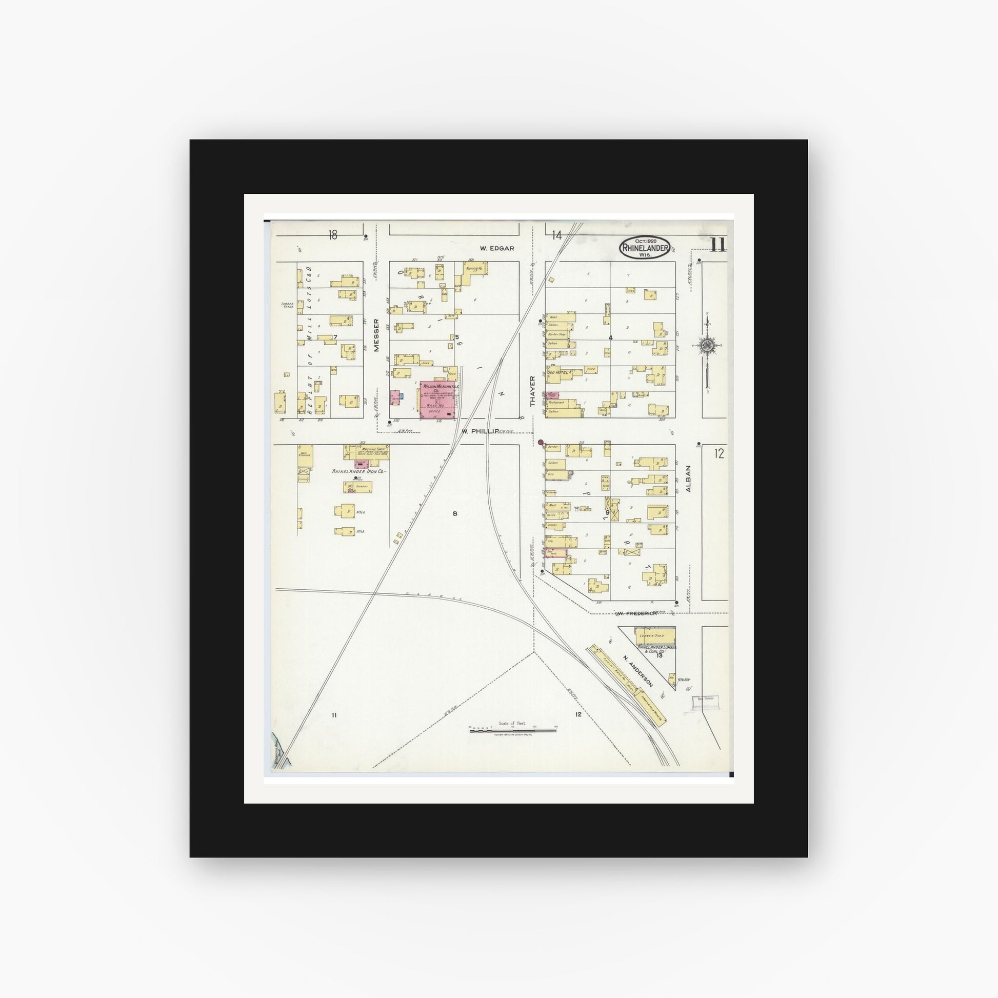 Old map wall art mockup — black gallery frame with white mat — Sanborn Fire Insurance Map from Rhinelander, Oneida County, Wisconsin (1920), Sheet #0011