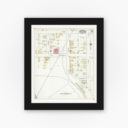 Old map wall art mockup — black gallery frame with white mat — Sanborn Fire Insurance Map from Rhinelander, Oneida County, Wisconsin (1920), Sheet #0011