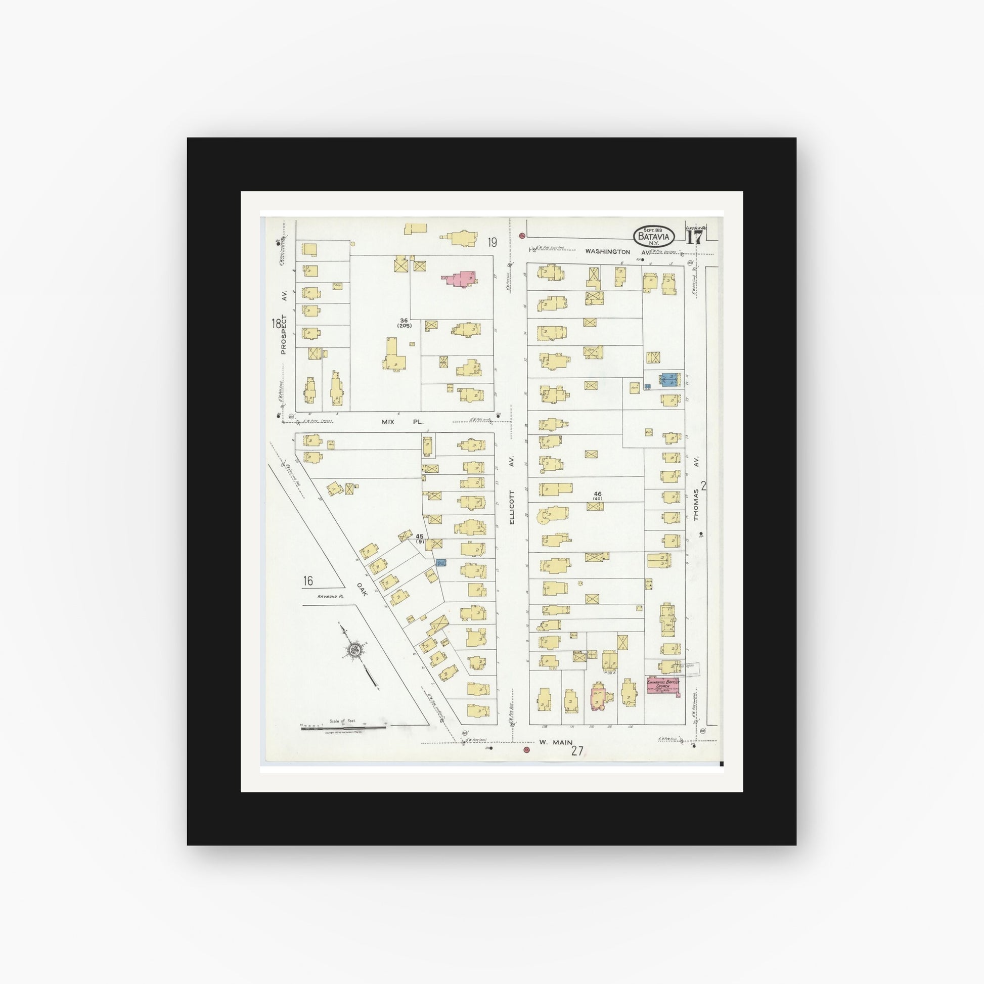 Old map wall art mockup — black gallery frame with white mat — Sanborn Fire Insurance Map from Batavia, Genesee County, New York (1919), Sheet #0017