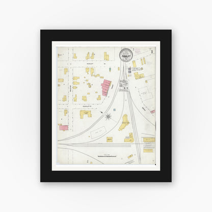 Old map wall art mockup — black gallery frame with white mat — Sanborn Fire Insurance Map from Hamlet, Richmond County, North Carolina (1905), Sheet #0001