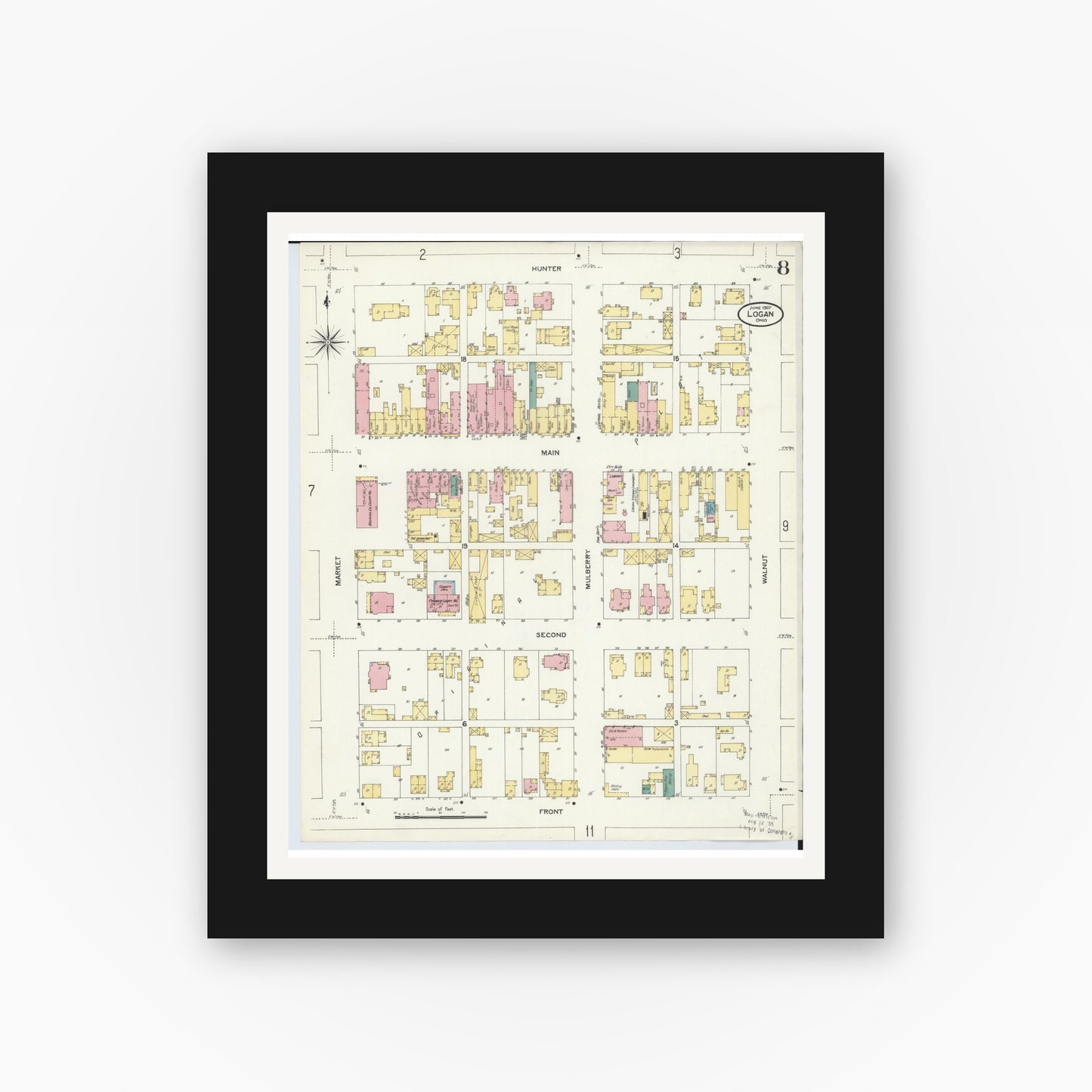 Old map wall art mockup — black gallery frame with white mat — Sanborn Fire Insurance Map from Logan, Hocking County, Ohio (1907), Sheet #0008