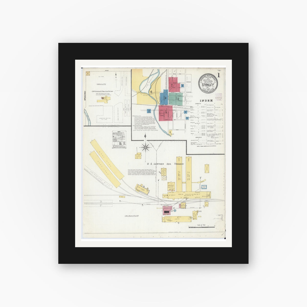 Old map wall art mockup — black gallery frame with white mat — Sanborn Fire Insurance Map from Stanley, Chippewa County, Wisconsin (1907) - Complete Map Set