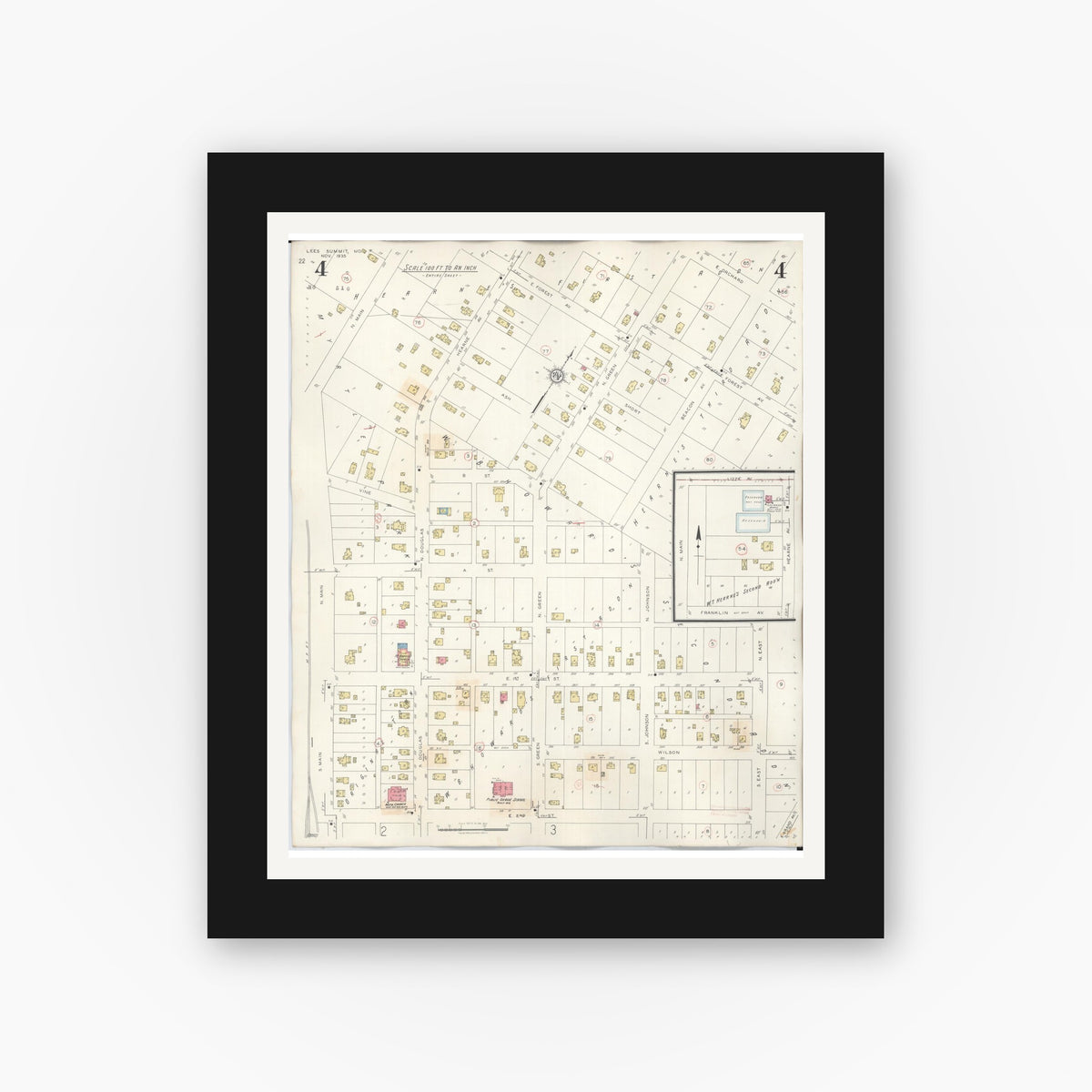Old map wall art mockup — black gallery frame with white mat — Sanborn Fire Insurance Map from Lee's Summit, Jackson County, Missouri (1945), Sheet #0004