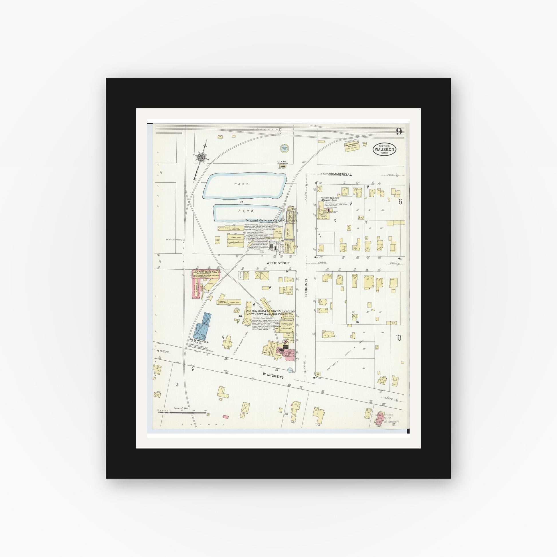 Old map wall art mockup — black gallery frame with white mat — Sanborn Fire Insurance Map from Wauseon, Fulton County, Ohio (1910), Sheet #0009