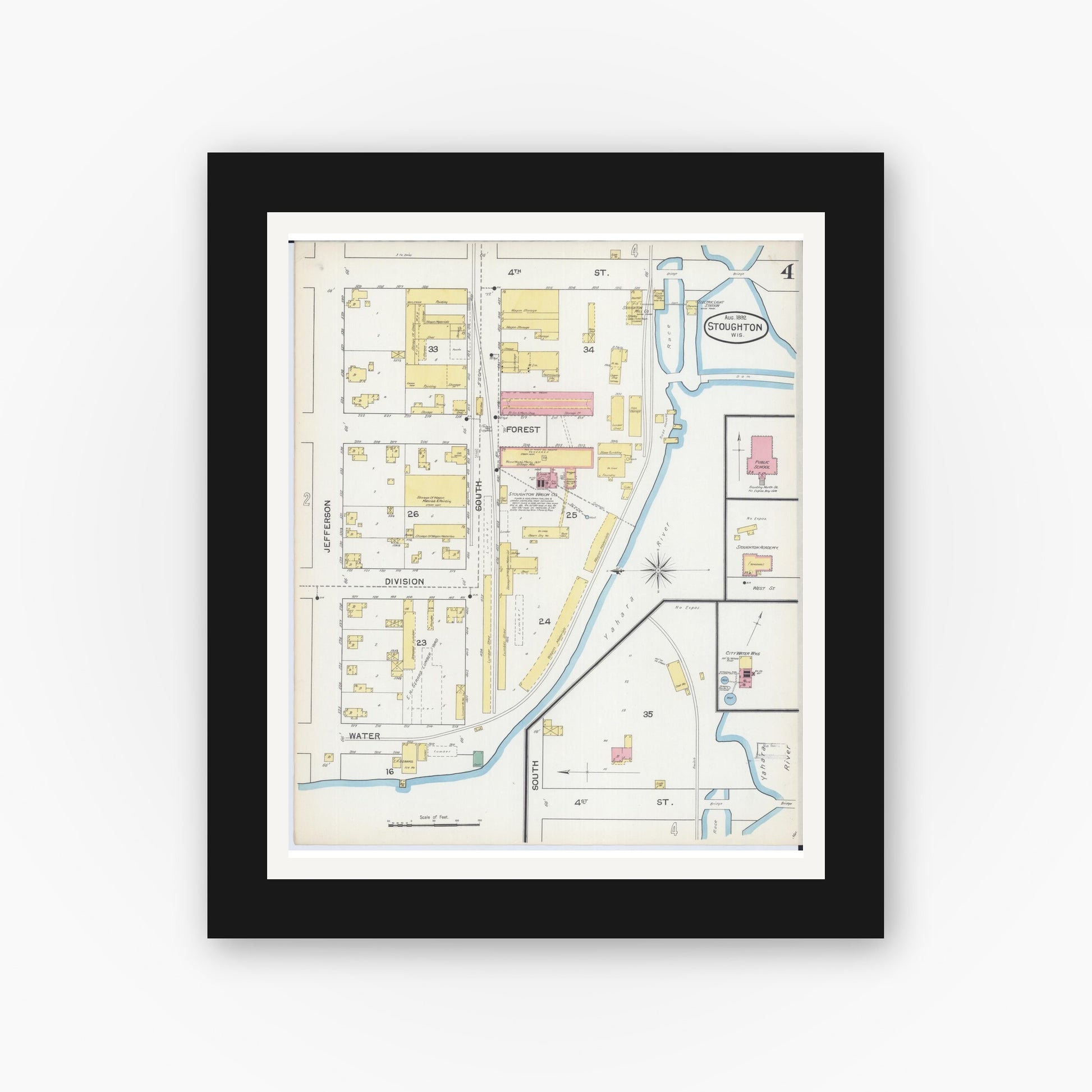 Old map wall art mockup — black gallery frame with white mat — Sanborn Fire Insurance Map from Stoughton, Dane County, Wisconsin (1892), Sheet #0004