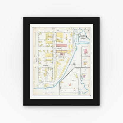 Old map wall art mockup — black gallery frame with white mat — Sanborn Fire Insurance Map from Stoughton, Dane County, Wisconsin (1892), Sheet #0004