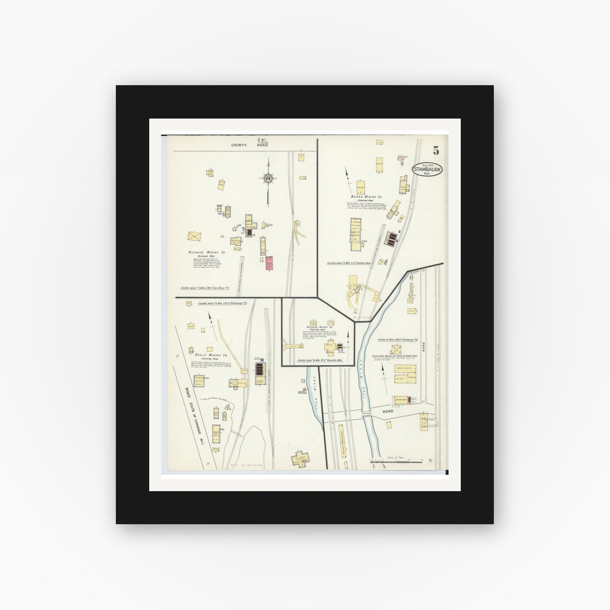 Old map wall art mockup — black gallery frame with white mat — Sanborn Fire Insurance Map from Stambaugh, Iron County, Michigan (1913), Sheet #0005
