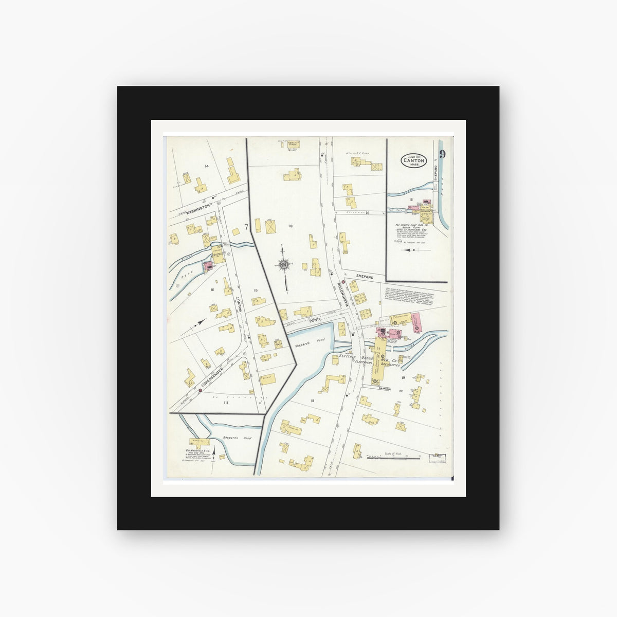 Old map wall art mockup — black gallery frame with white mat — Sanborn Fire Insurance Map from Canton, Norfolk County, Massachusetts (1911), Sheet #0009