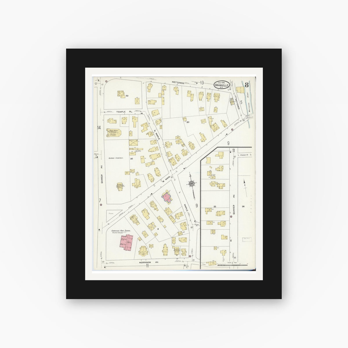 Old map wall art mockup — black gallery frame with white mat — Sanborn Fire Insurance Map from Granville, Washington County, New York (1912), Sheet #0008