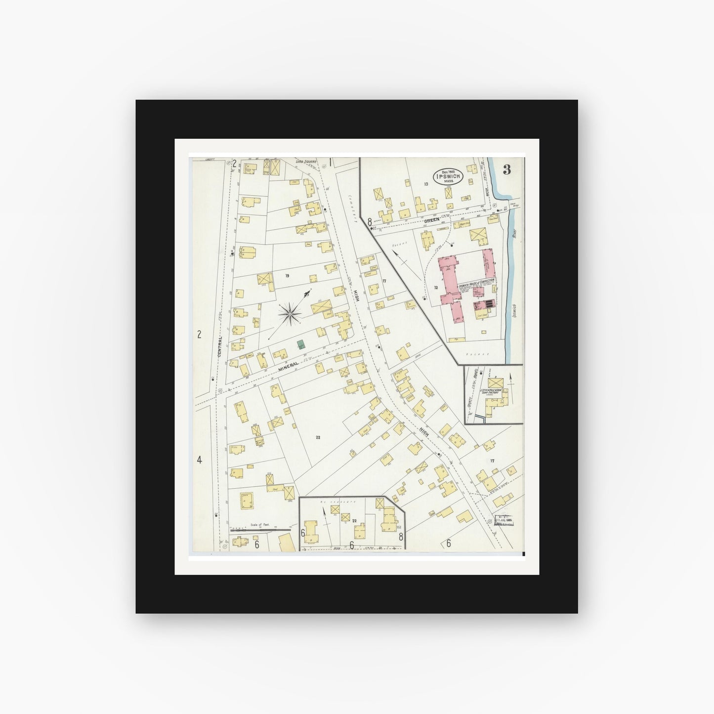 Old map wall art mockup — black gallery frame with white mat — Sanborn Fire Insurance Map from Ipswich, Essex County, Massachusetts (1902), Sheet #0003