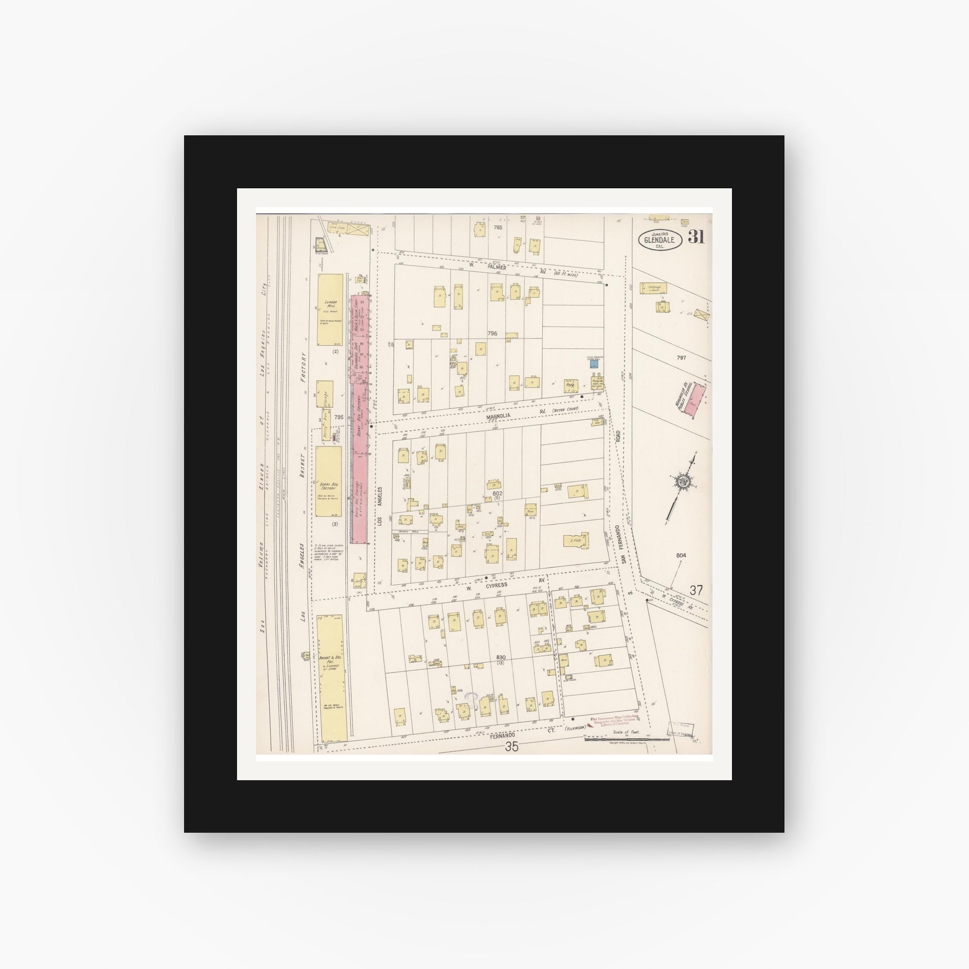 Old map wall art mockup — black gallery frame with white mat — Sanborn Fire Insurance Map from Glendale, Los Angeles County, California (1919), Sheet #0031