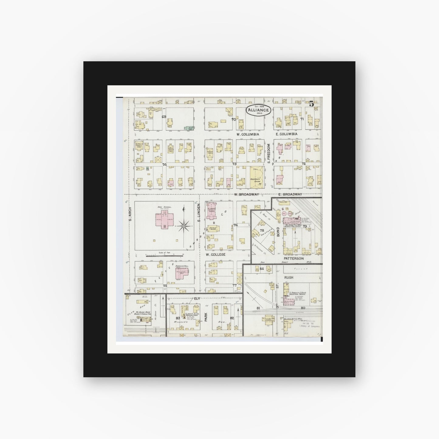 Old map wall art mockup — black gallery frame with white mat — Sanborn Fire Insurance Map from Alliance, Stark County, Ohio (1888), Sheet #0005