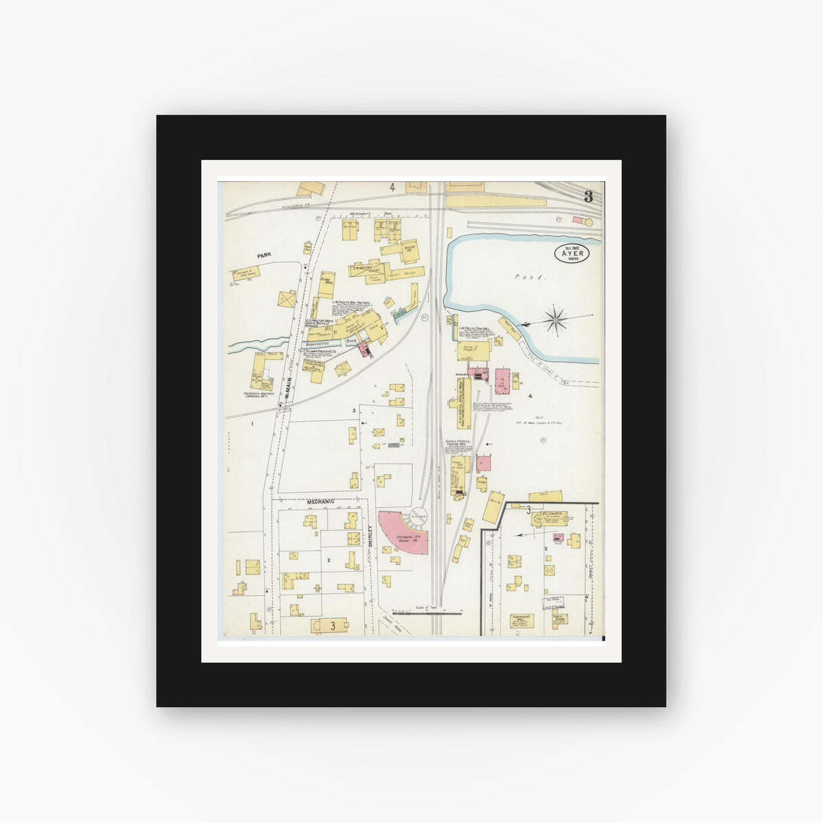 Old map wall art mockup — black gallery frame with white mat — Sanborn Fire Insurance Map from Ayer, Middlesex County, Massachusetts (1902), Sheet #0003