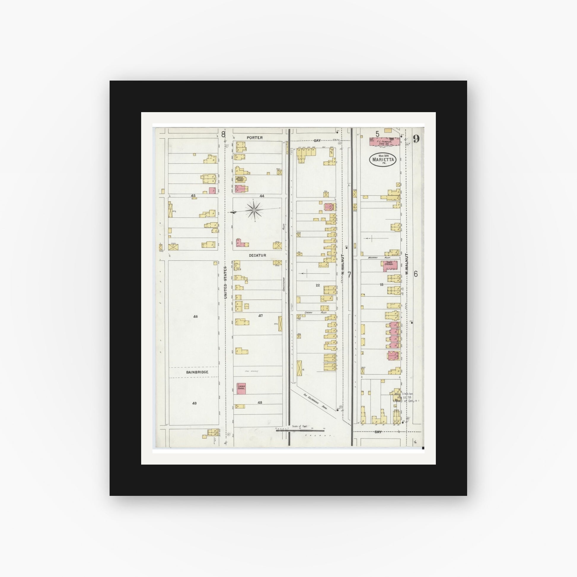 Old map wall art mockup — black gallery frame with white mat — Sanborn Fire Insurance Map from Marietta, Lancaster County, Pennsylvania (1899), Sheet #0009