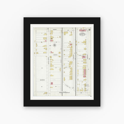 Old map wall art mockup — black gallery frame with white mat — Sanborn Fire Insurance Map from Marietta, Lancaster County, Pennsylvania (1899), Sheet #0009
