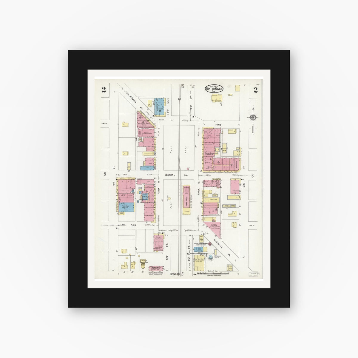 Old map wall art mockup — black gallery frame with white mat — Sanborn Fire Insurance Map from Winter Haven, Polk County, Florida (1924), Sheet #0002